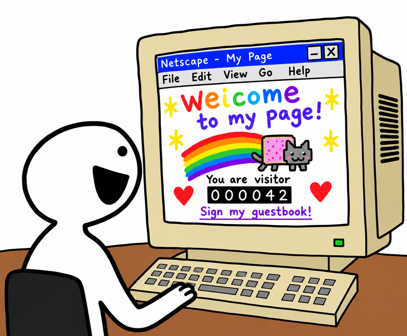 Nostalgiczna scena z komputerem CRT wyświetlającym kolorową stronę internetową z lat 90., licznikiem odwiedzin i animowaną grafiką